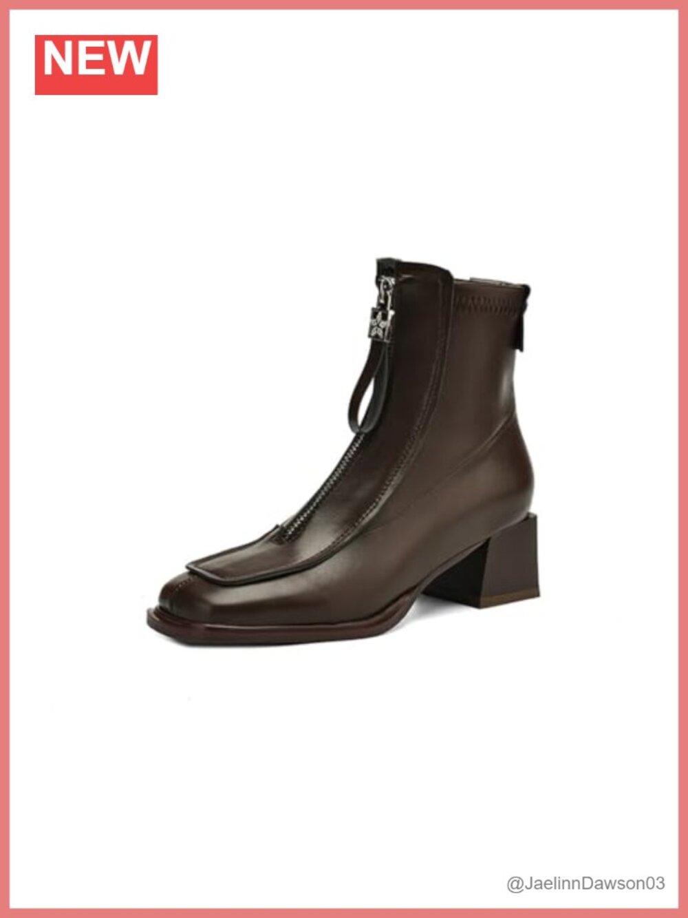 Genuine Leather Square Toe Ankle Boots Low Block Heel Front Zipper Women's